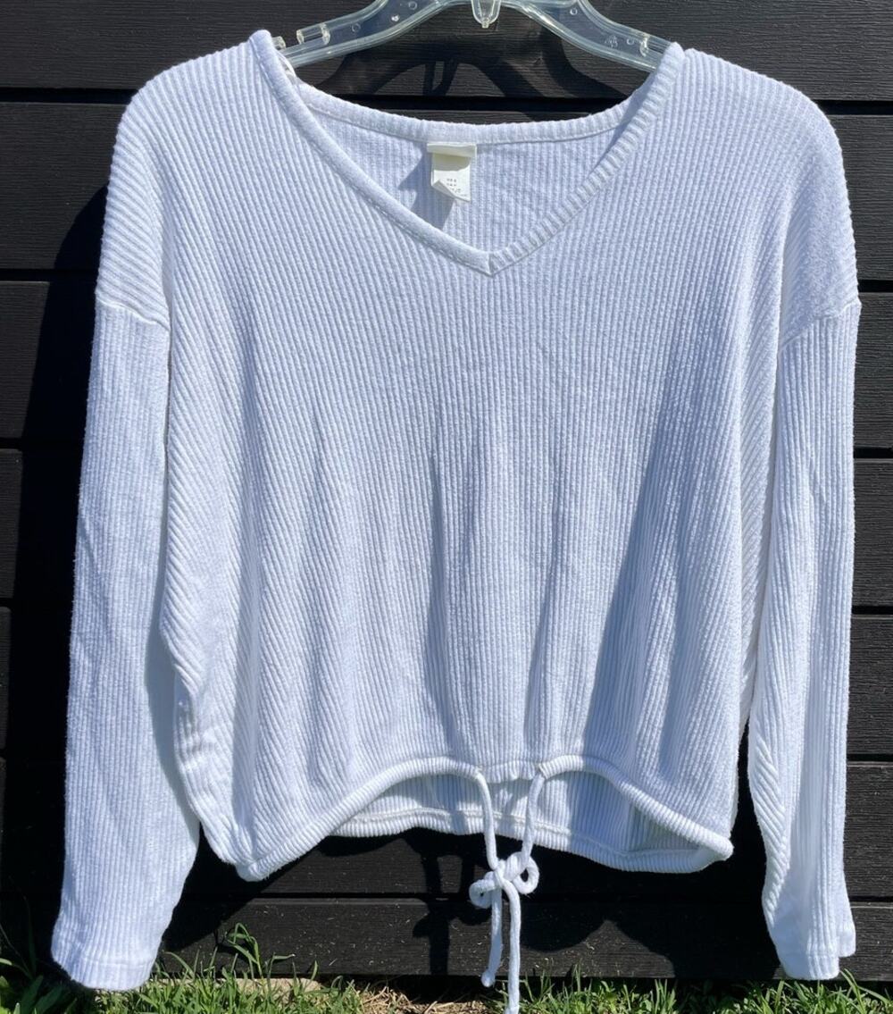 H&M L.O.G.G.  white ribbed crop drawstring long sleeve SM